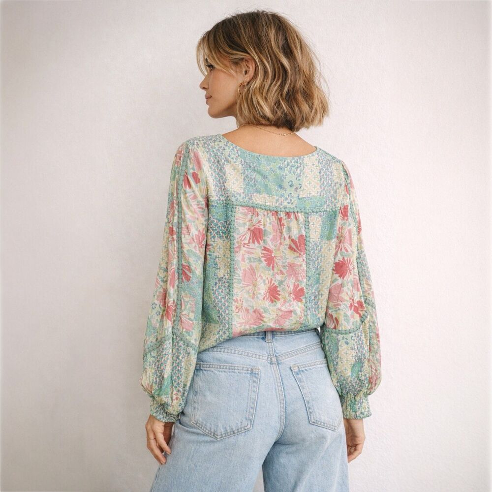 Fate Boho Pastel Patchwork Floral Blouse - Picture 2 of 11